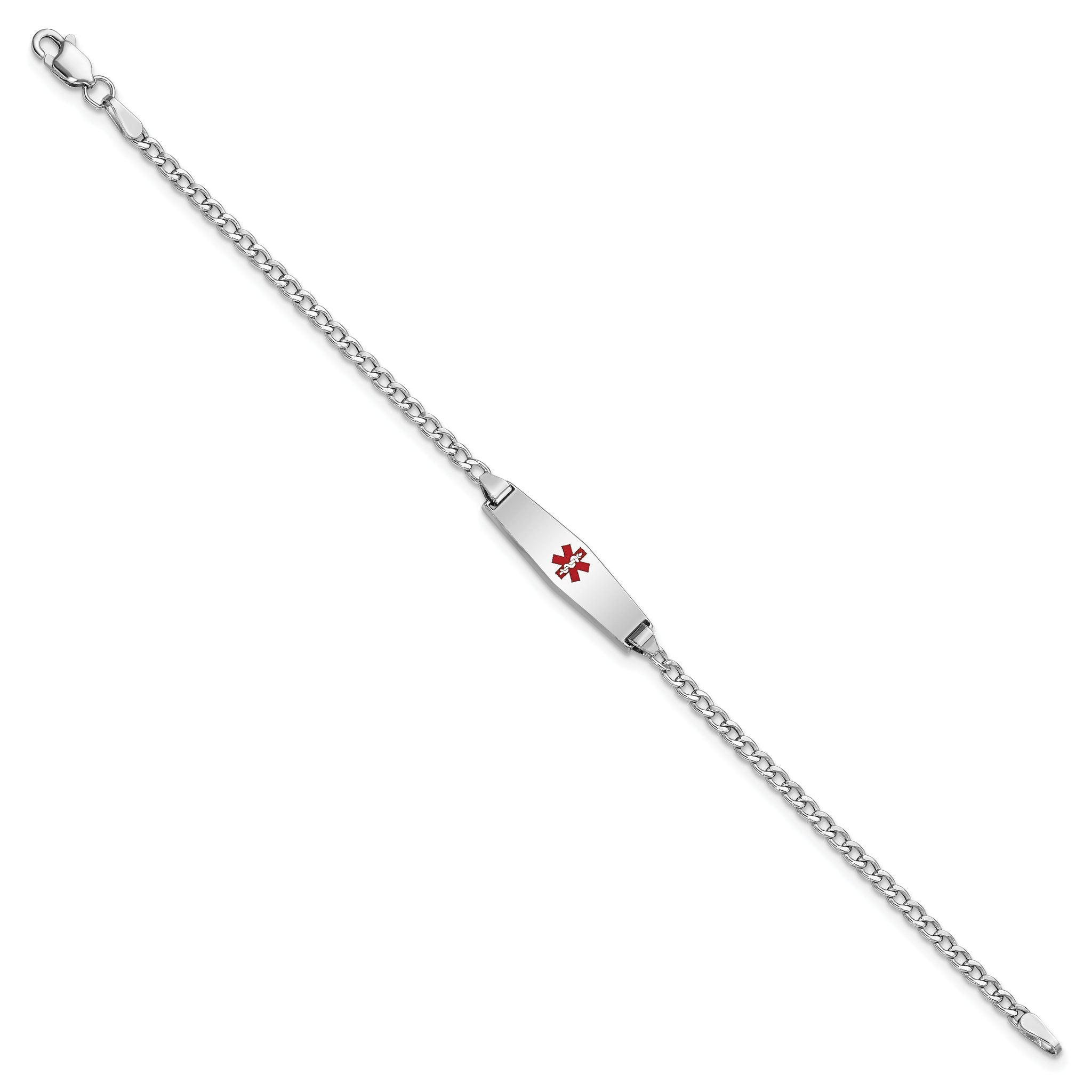 14k White Gold Medical Semi-Solid Chain/Solid Plate 20x5mm Soft Diamond Shape Centered Red Enamel Cuban Link 7 inch ID Bracelet Secondary image