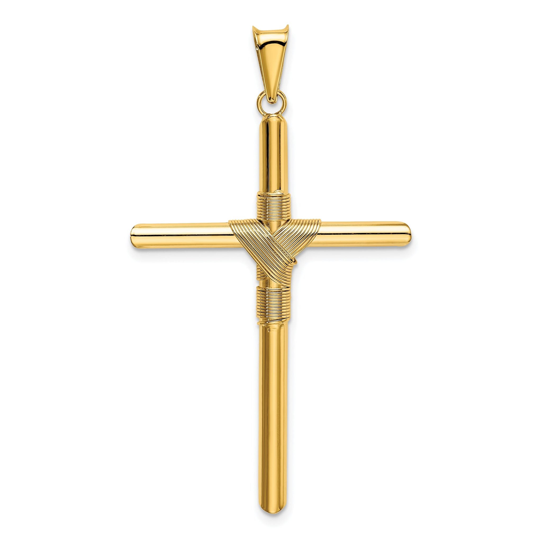 14K Gold Polished Cross Pendant with 3D Center Wrap Design