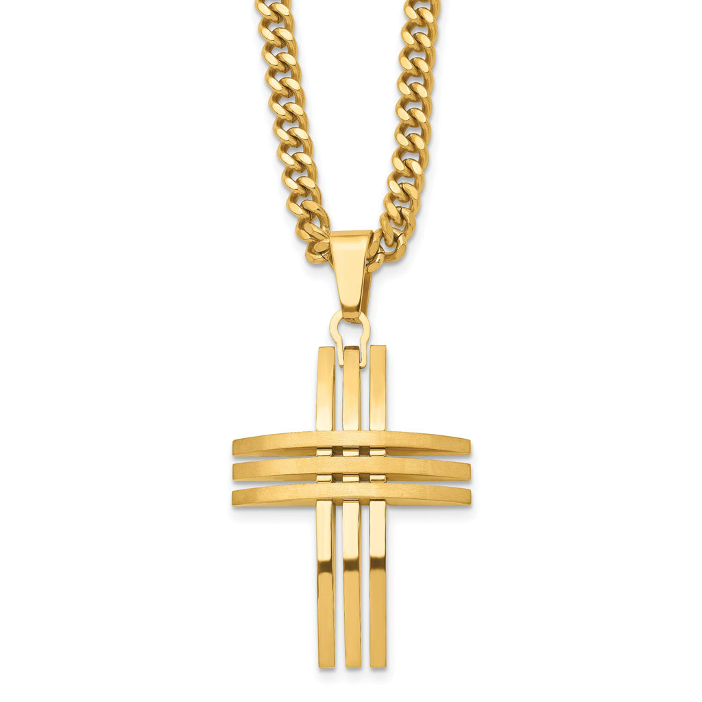 Stainless Steel Gold-Tone Men's Cross Pendant Necklace with Polished Finish