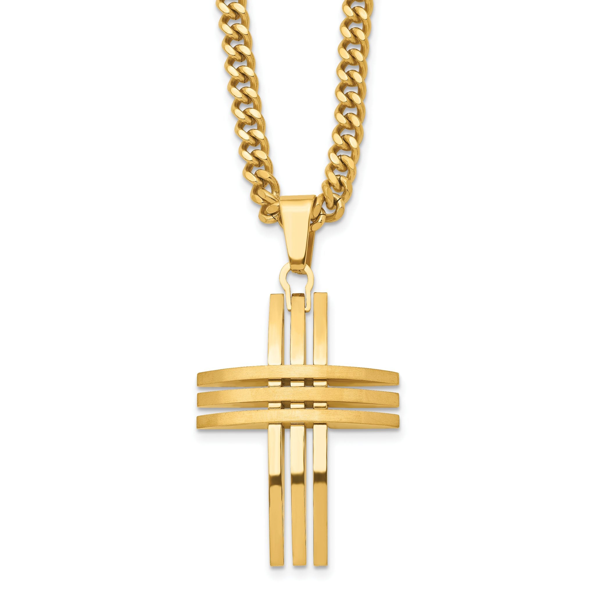 Stainless Steel Gold-Tone Men's Cross Pendant Necklace with Polished Finish