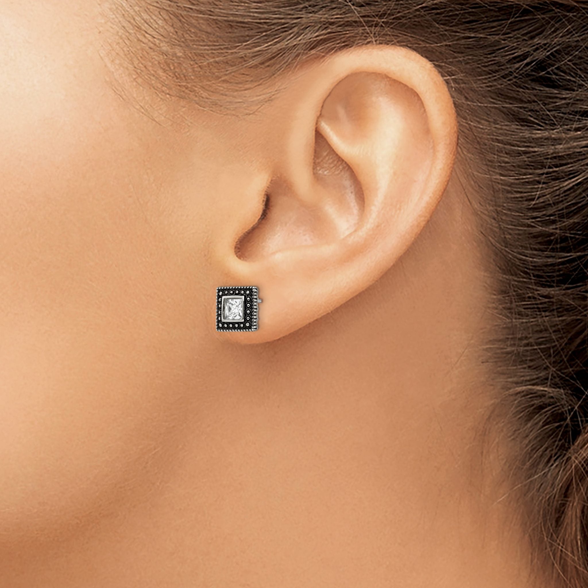 Stainless Steel Polished & Antiqued Square Cubic Zirconia Stud Earrings