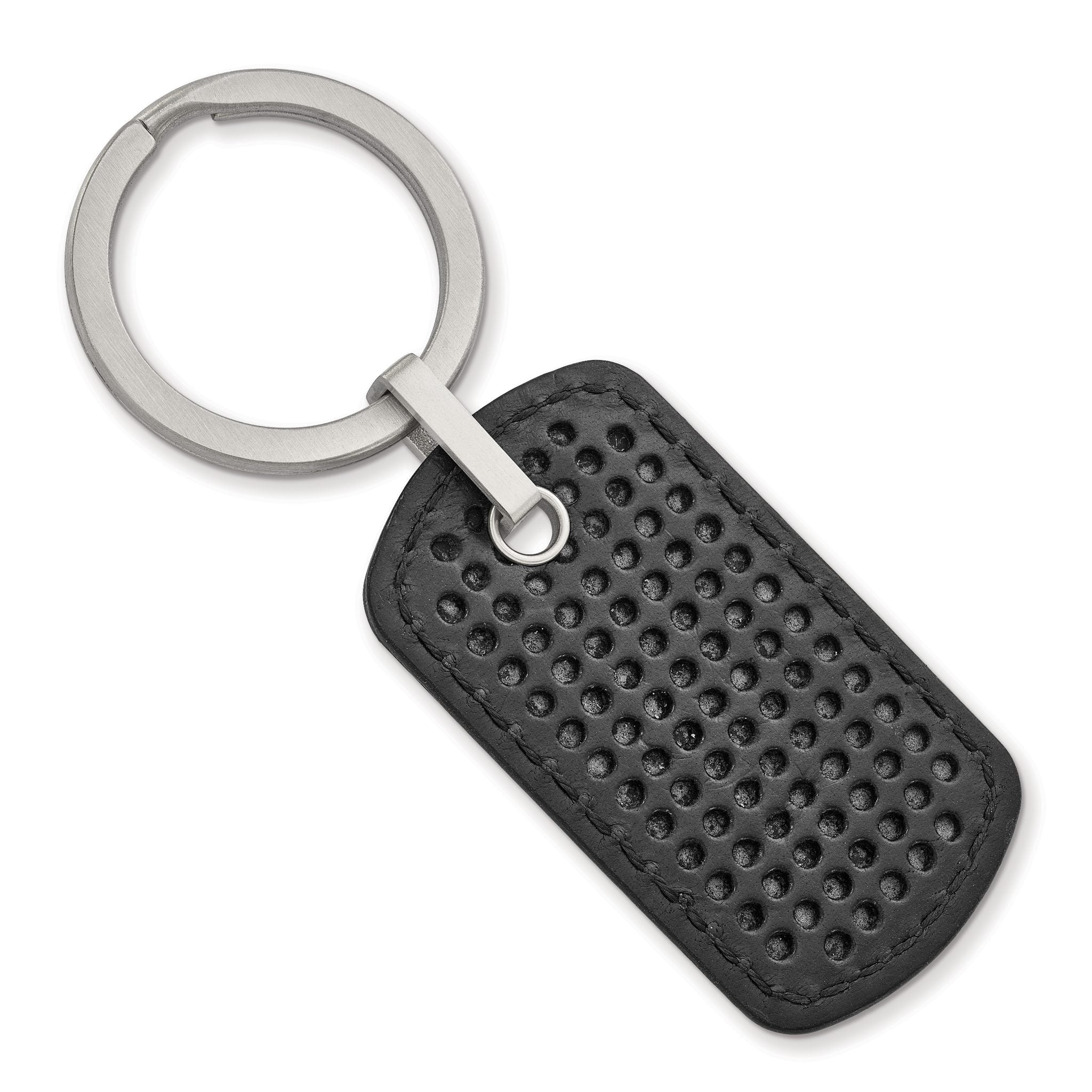 Stainless Steel Brushed Textured Black Leather Stitched Key Ring Main image