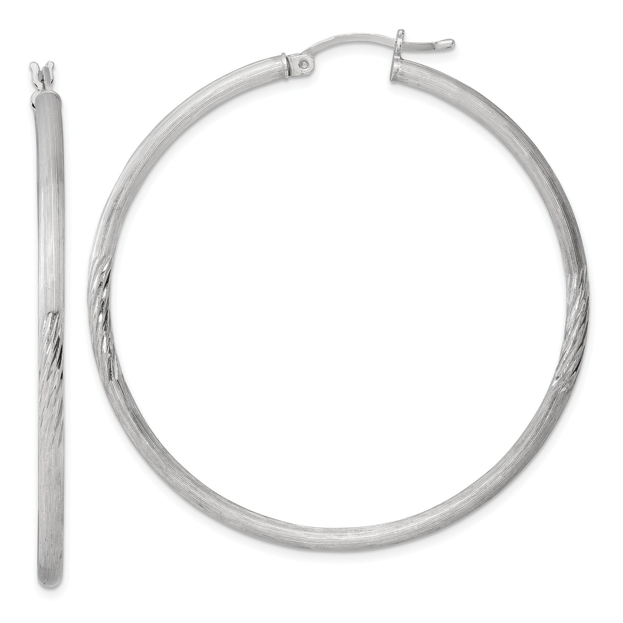 Sterling Silver Rhod-plated 2.5mm Polished/Satin Diamond-cut Hoop Earrings