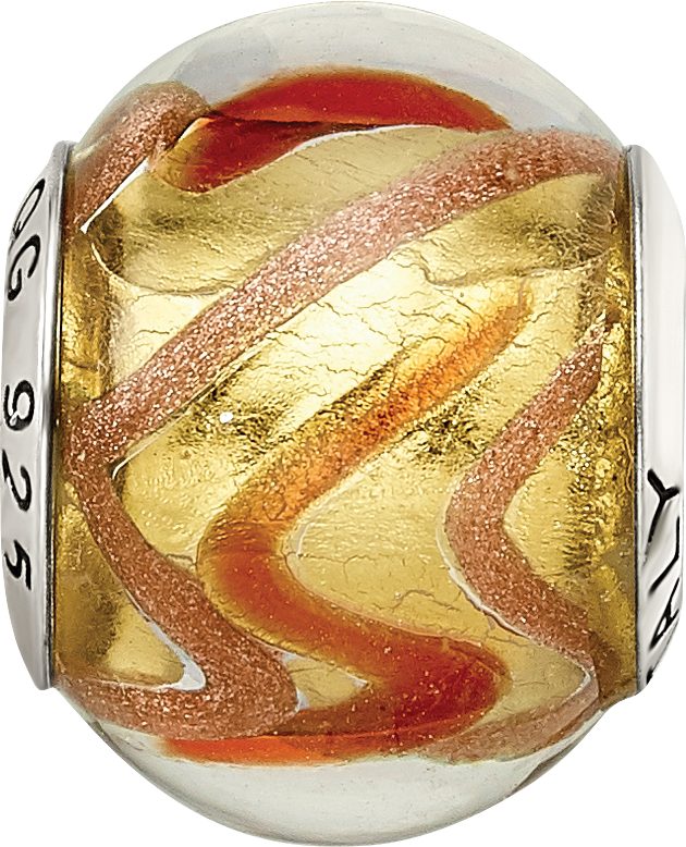 Sterling Silver 925 Murano Glass Bead in Yellow/Gold/Red Antiqued Finish