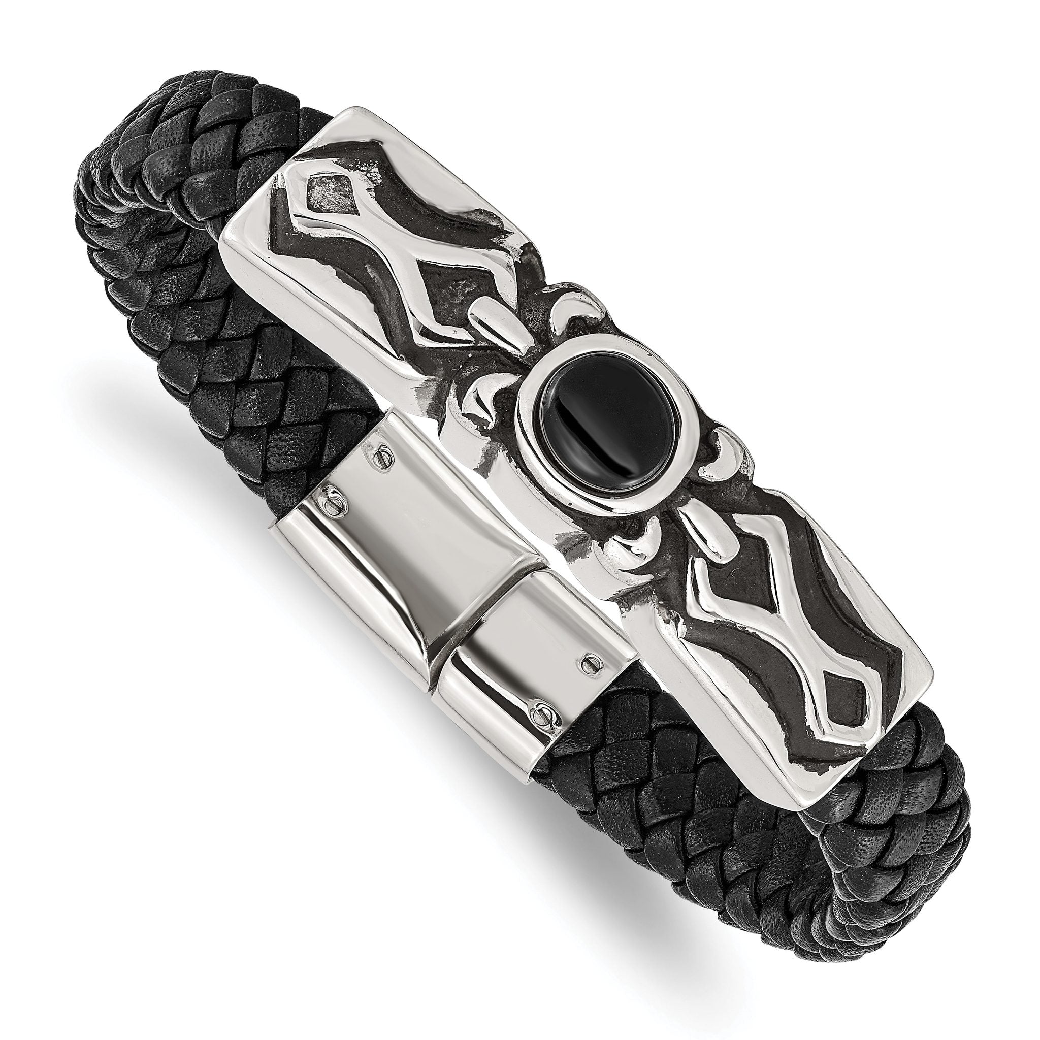 Stainless Steel Antiqued and Polished with Black Onyx Braided Black Leather Bracelet for Men Main image