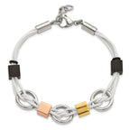 Stainless Steel Multi IP-Plated Beads & White Leather with . ext Bracelet