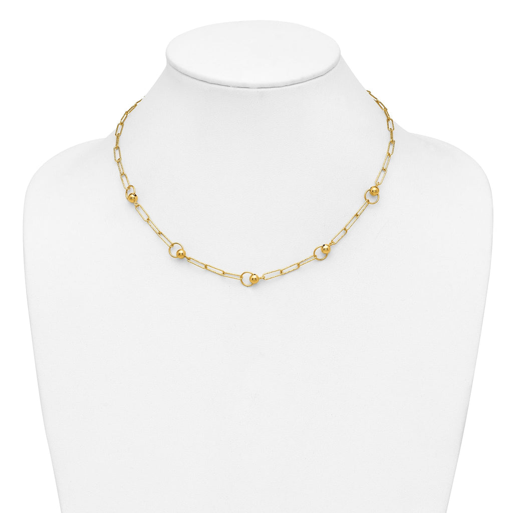 14K Polished and Dia-cut. Circle Station Paperclip Necklace