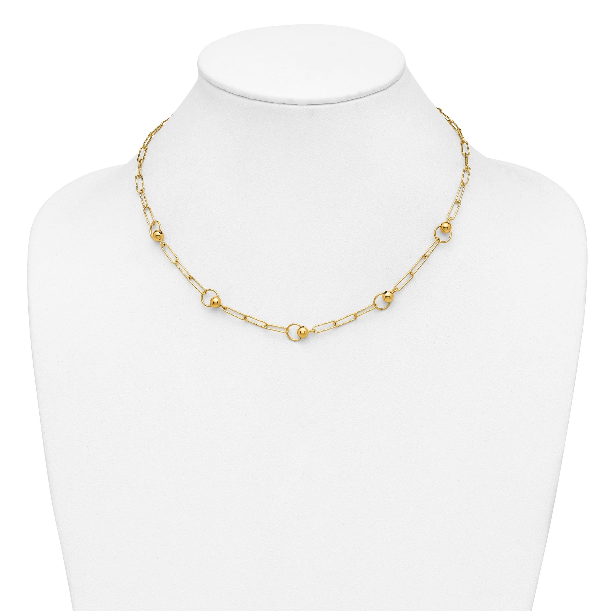 14K Polished and Dia-cut. Circle Station Paperclip Necklace