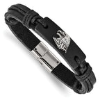 Stainless Steel Antiqued and Polished Eagle Head Black Leather Bracelet for Men