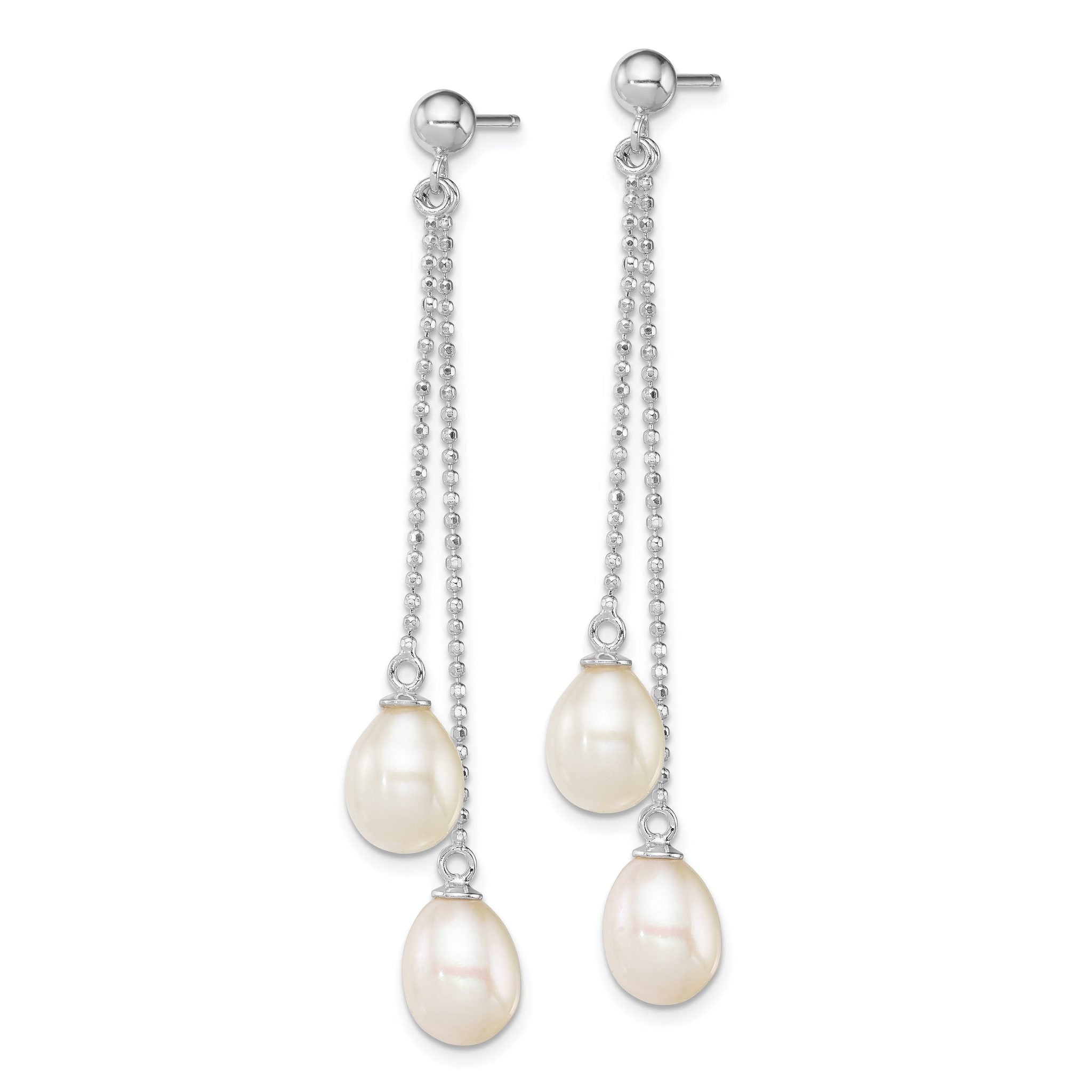 Sterling Silver Rhodium Plated 7-8mm White Freshwater Cultured Pearl Long Dangle Post Earrings Secondary image