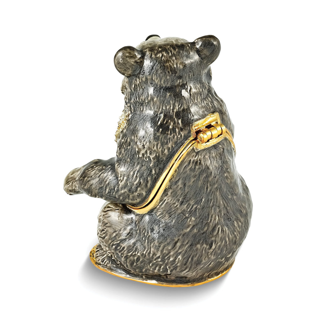 Luxury Giftware Pewter Bejeweled Crystals Gold-tone Enameled BETTY Black and Grey Bear Trinket Box with Matching 18 Inch Necklace