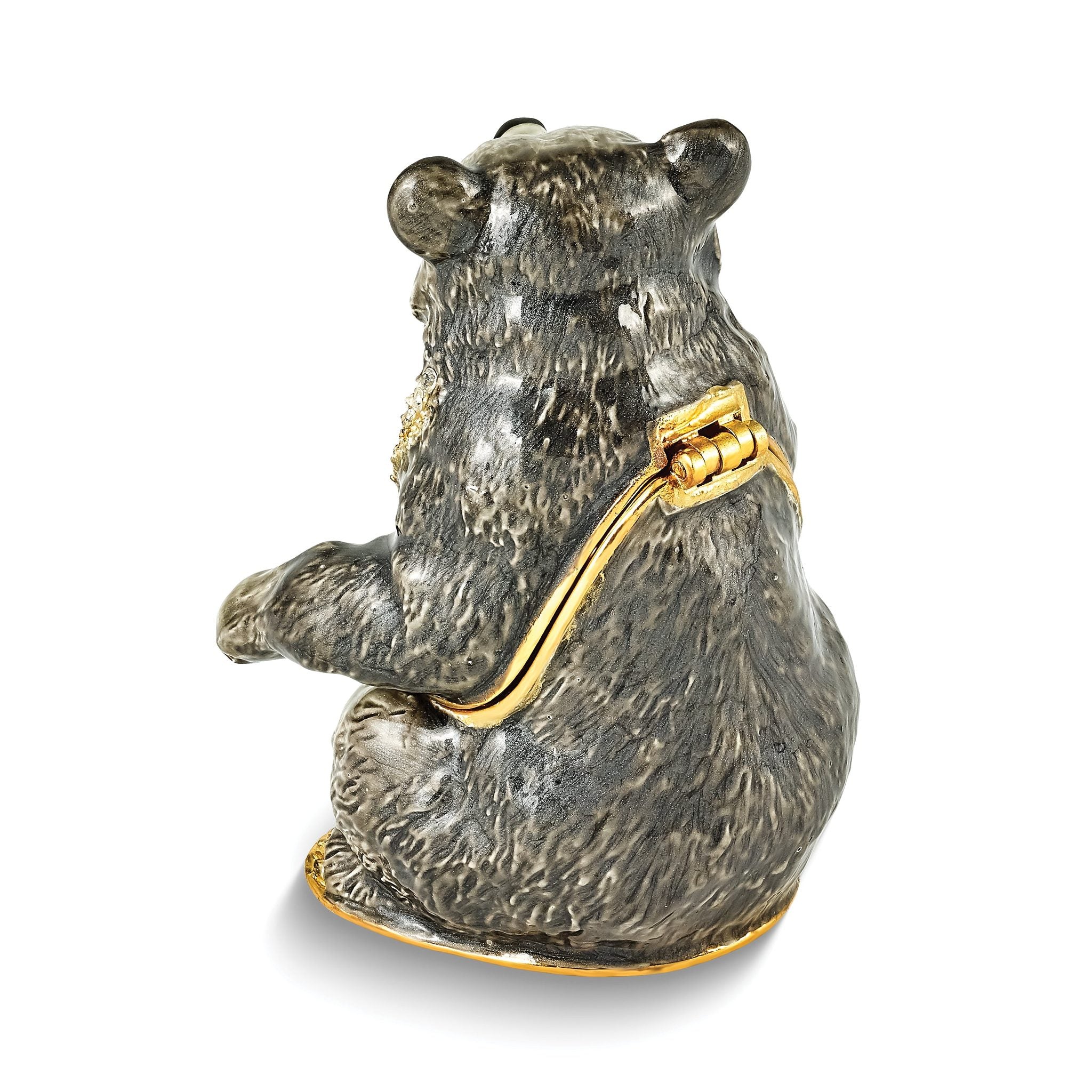 Luxury Giftware Pewter Bejeweled Crystals Gold-tone Enameled BETTY Black and Grey Bear Trinket Box with Matching 18 Inch Necklace