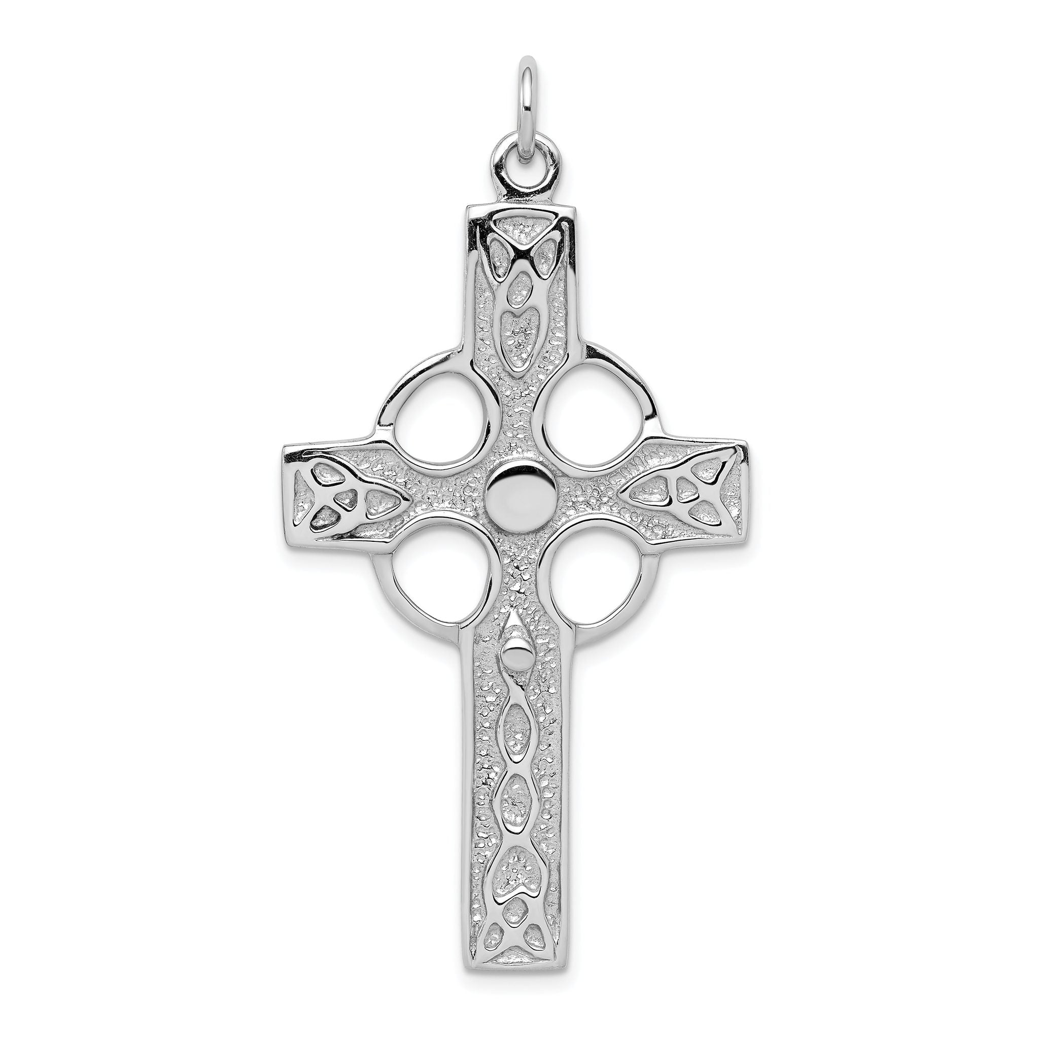 Rhodium-Plated Sterling Silver Celtic Cross Pendant Polished Elegant Design