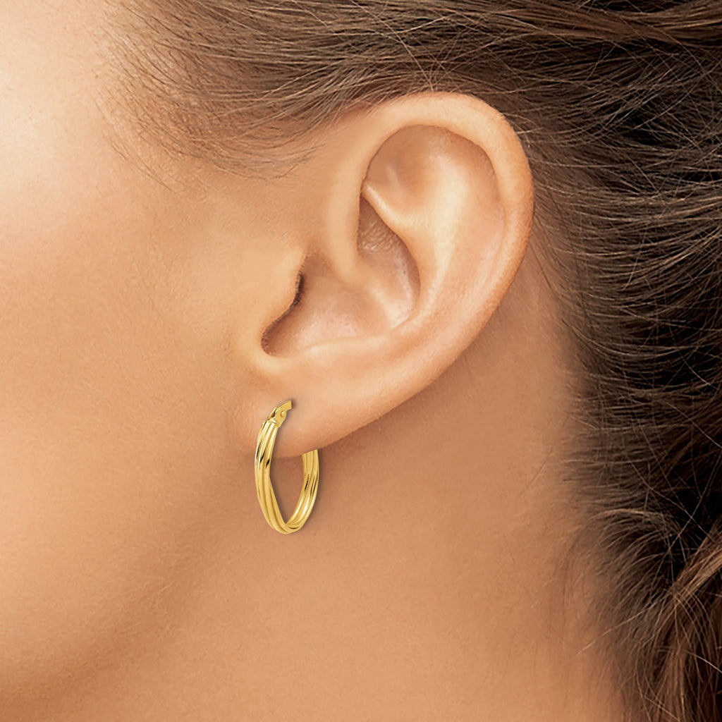 14K Polished and Grooved Twist Oval Hoop Earrings