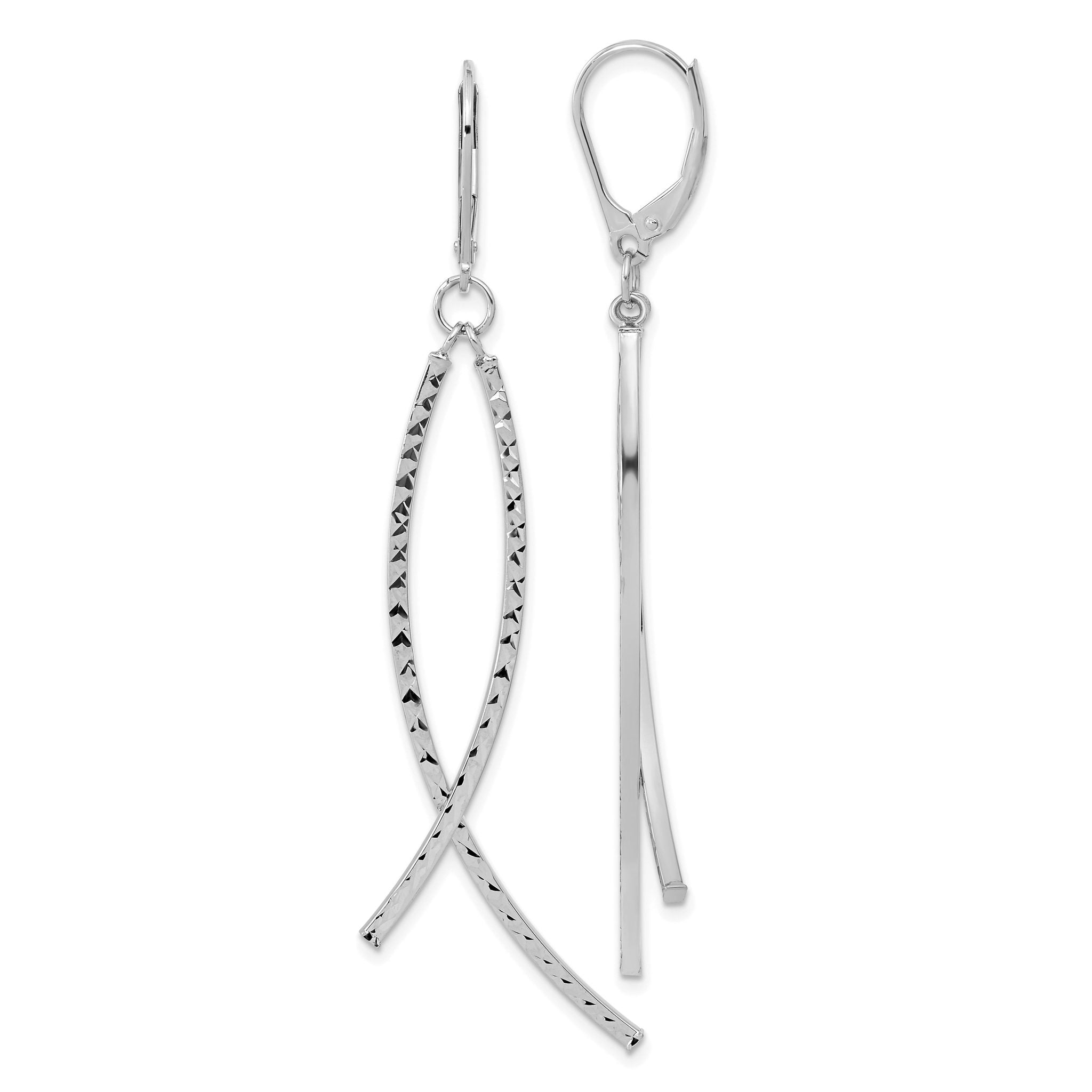 14K White Gold Polished Diamond Cut Fancy Dangle Leverback Earrings Main image