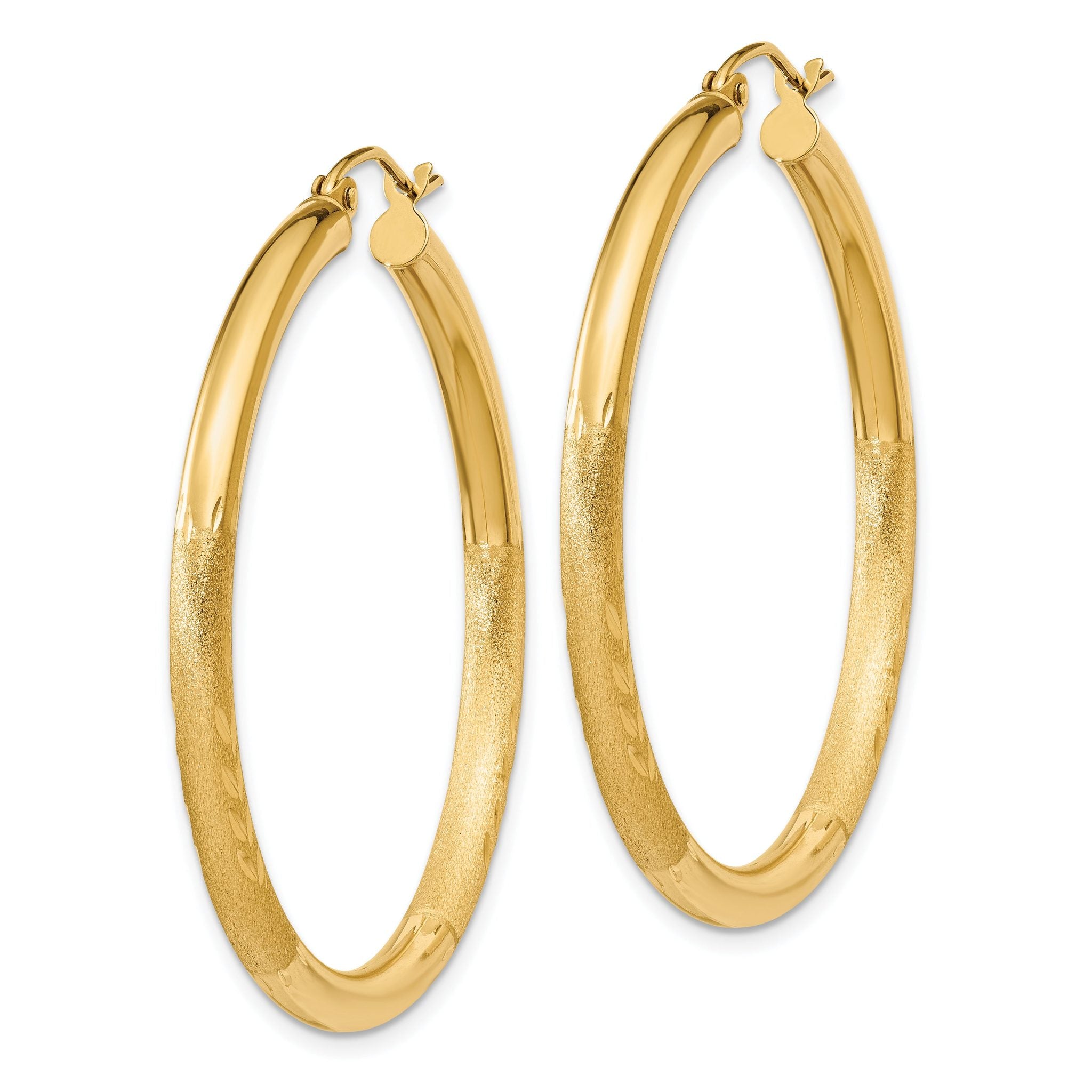 10k Satin & Diamond-cut 3mm Round Hoop Earrings Secondary image