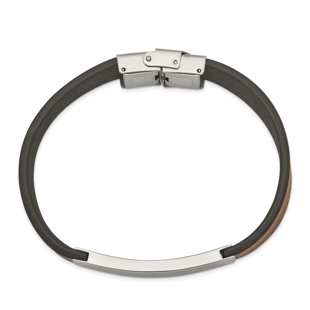 Stainless Steel Polished Black and Brown Leather ID Bracelet for Men