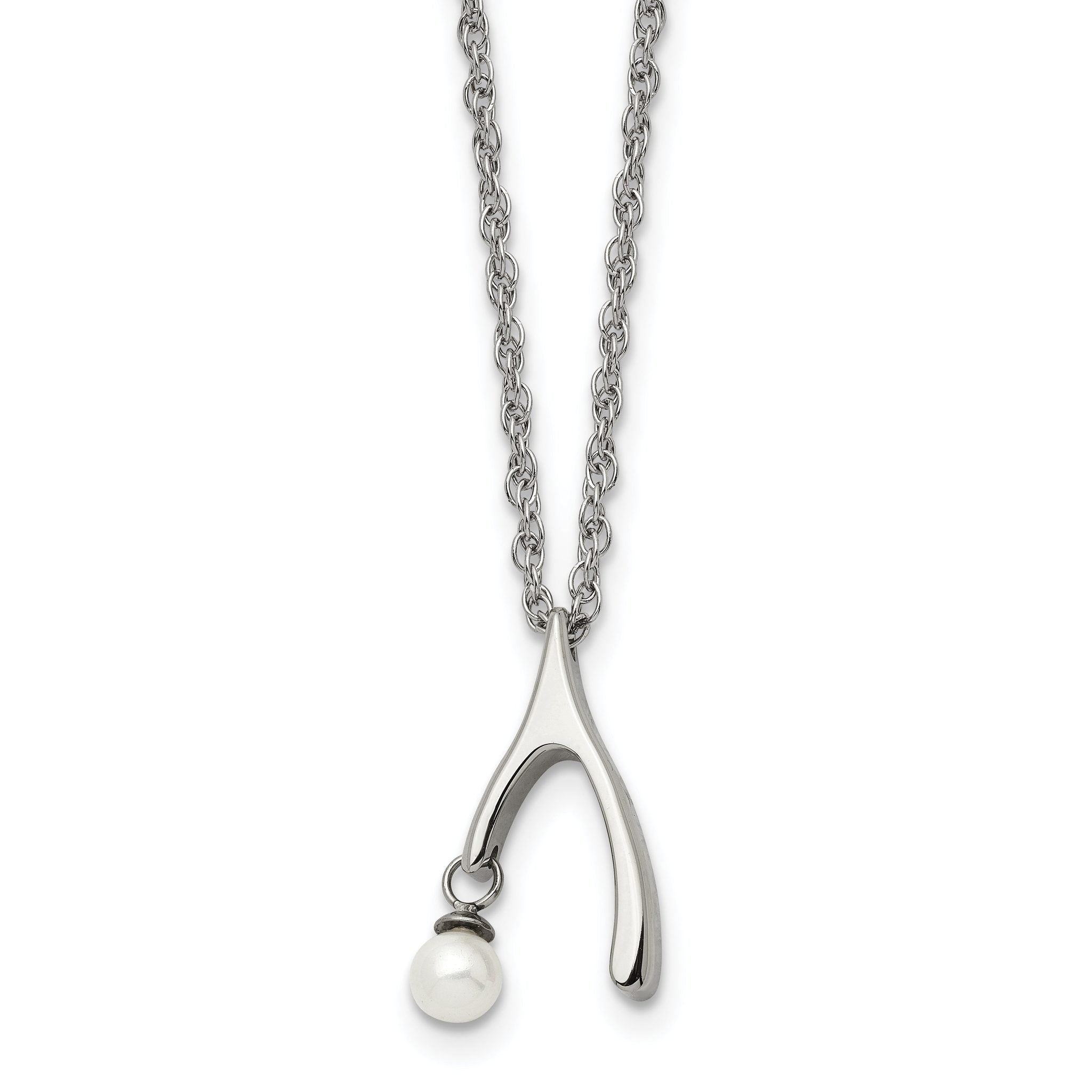 Stainless Steel Polished Wishbone Imitation Pearl 16in Necklace Main image