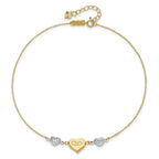 14K Two-tone Diamond-cut and MOM Puffed Heart 9 inch Plus 1 inch Extender - Total 10 inch Anklet