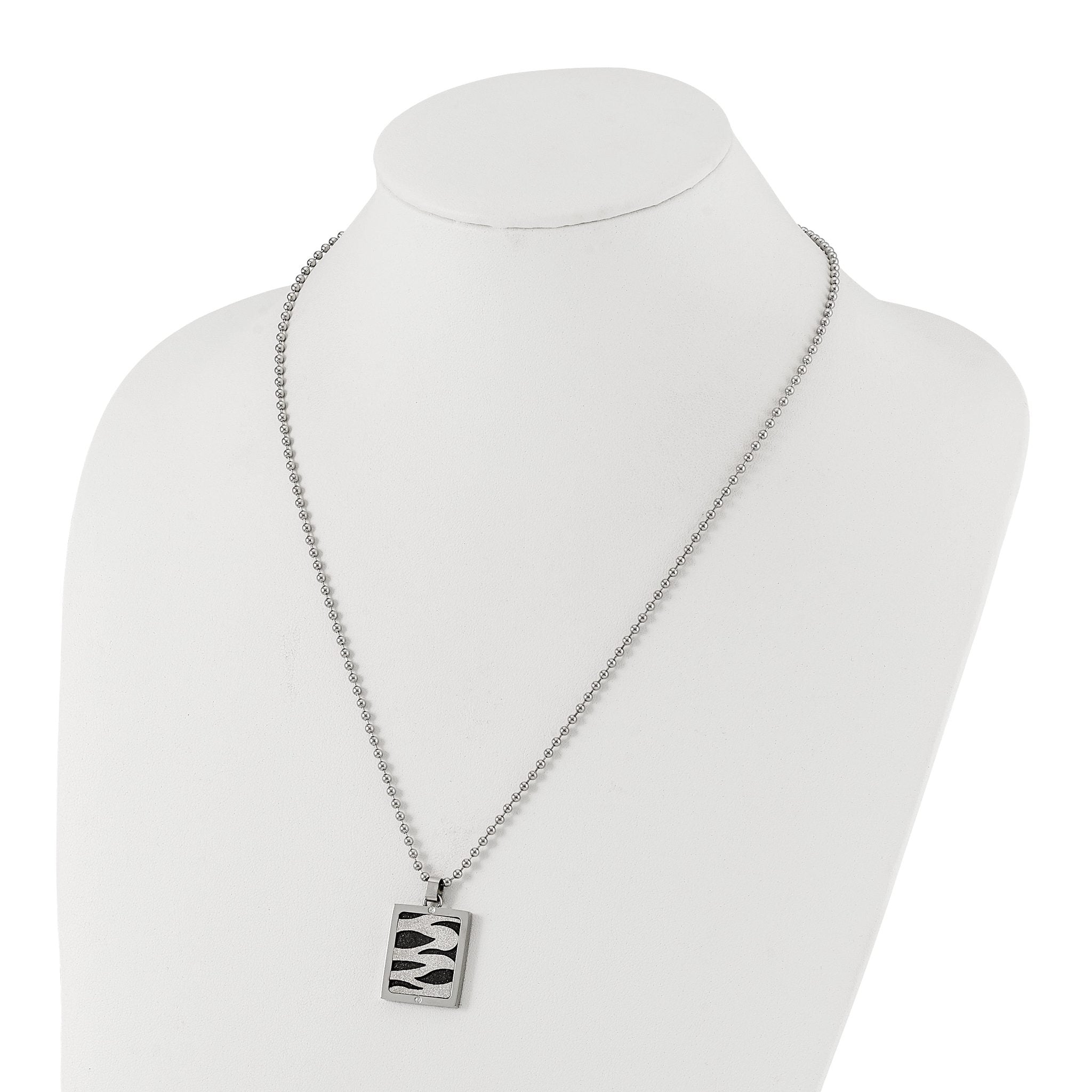 Lasercut CZ Dog Tag Necklace in Stainless Steel & Black