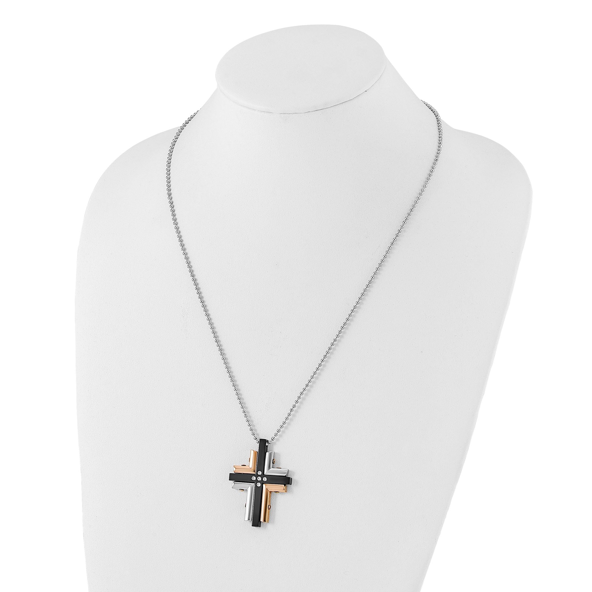 Cross Necklace in Stainless Steel with Black & Pink IP Plating & CZ