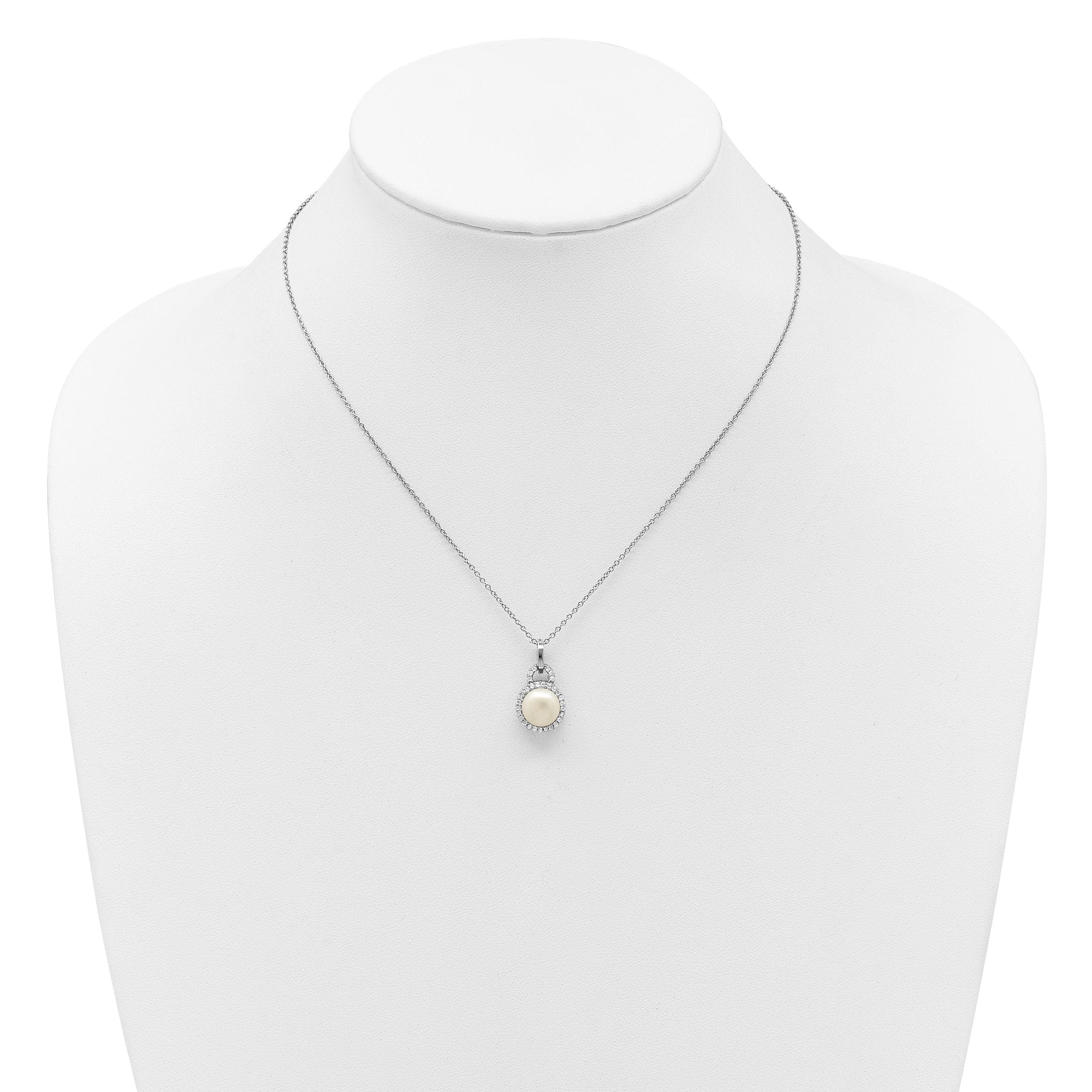 Sterling Silver Rhodium-plated 9-10mm Button White Freshwater Cultured Pearl and CZ Halo 17 inch Necklace