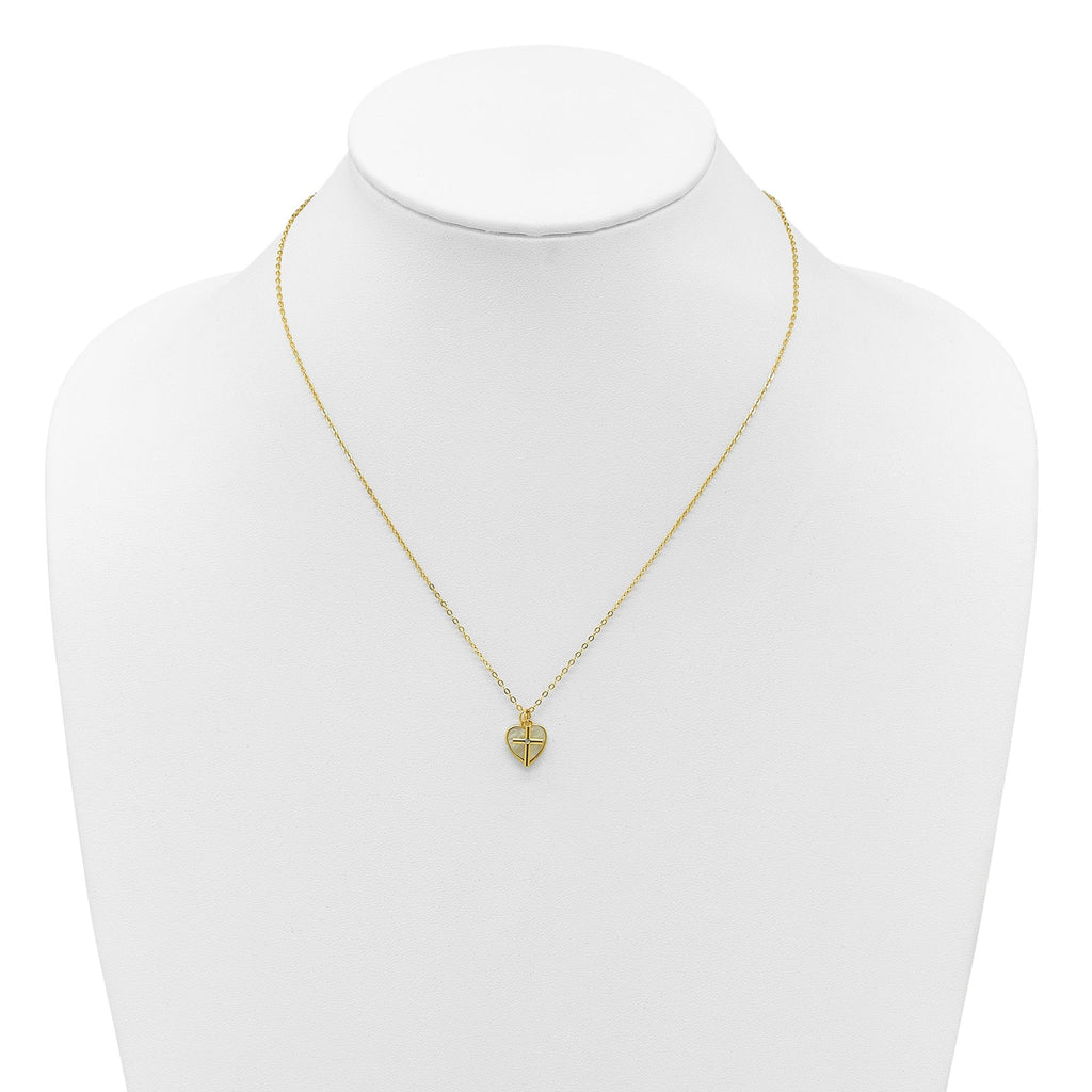 Sterling Silver Gold-tone Polished Mother of Pearl Heart and CZ Cross 14 Inch with 3 Inch Extension Children's Necklace