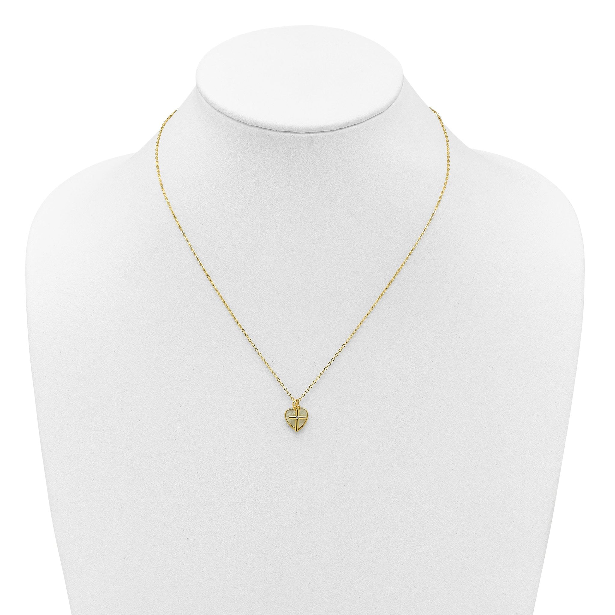 Sterling Silver Gold-tone Polished Mother of Pearl Heart and CZ Cross 14 Inch with 3 Inch Extension Children's Necklace