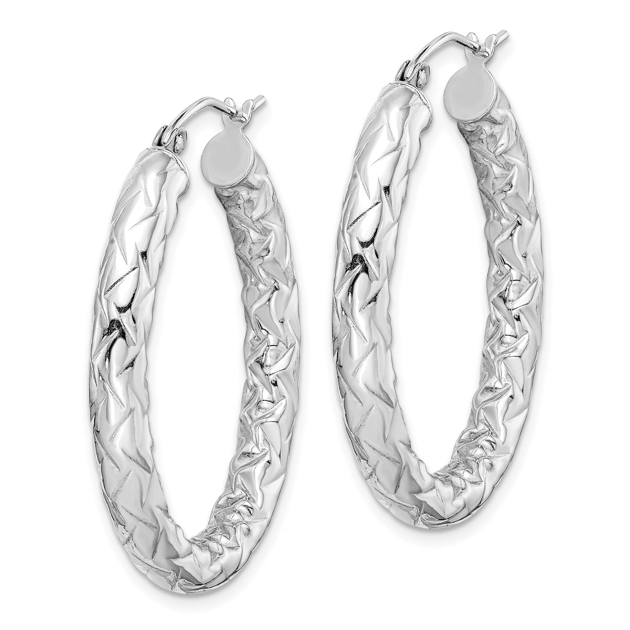 Sterling Silver 925 Oval Hoop Earrings with Rhodium Plating & Diamond-Cut Texture Secondary image