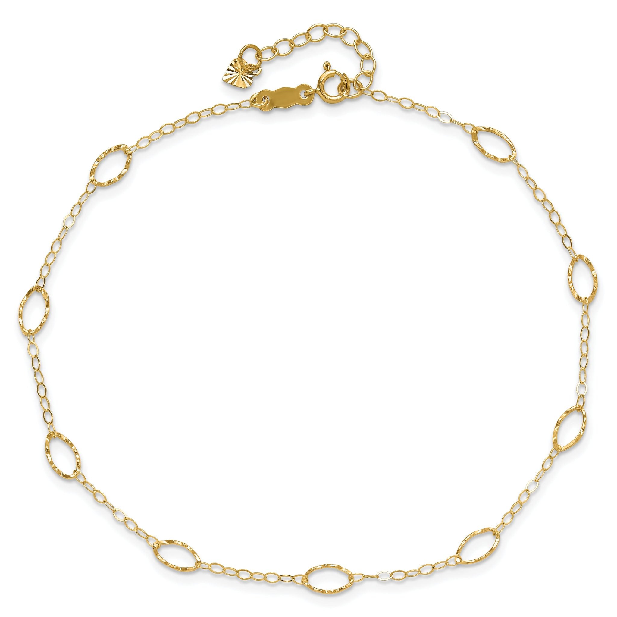 14k Textured Oval Shapes 9 inch Plus 1 inch Extender - Total 10 inch Anklet