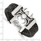 Stainless Steel Antiqued and Polished Spider Black Braided Leather Bracelet for Men