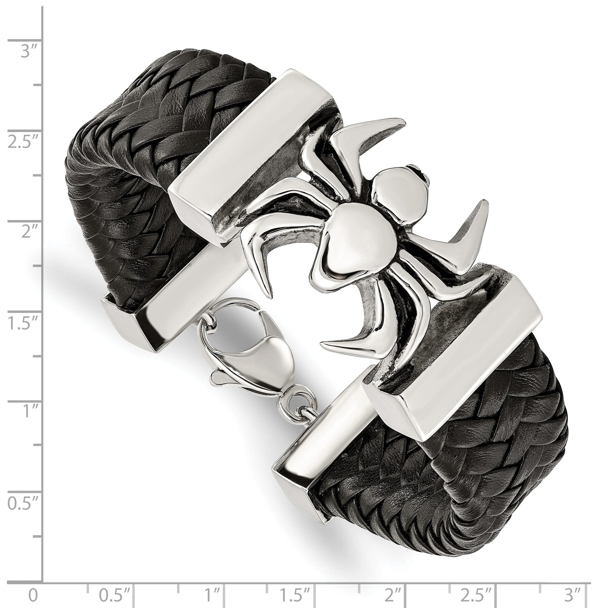 Stainless Steel Antiqued and Polished Spider Black Braided Leather Bracelet for Men
