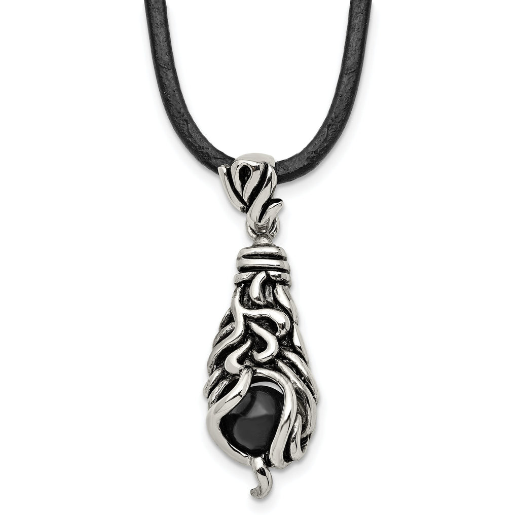 Black Agate Pendant Necklace in Stainless Steel, 20"