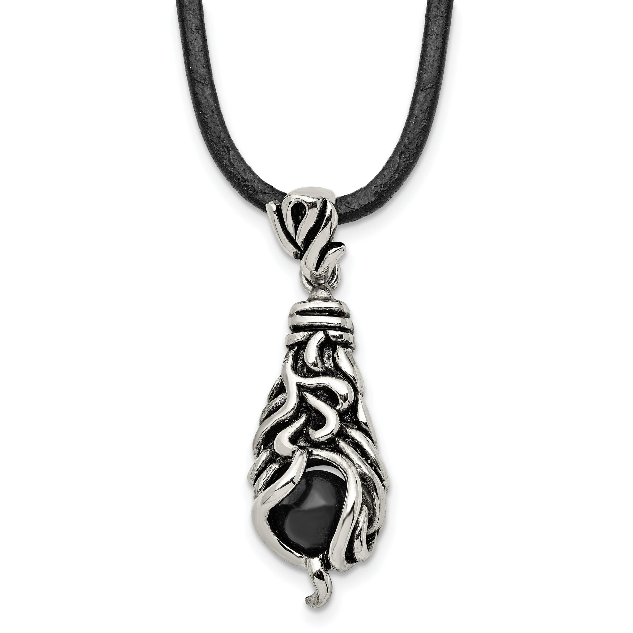 Black Agate Pendant Necklace in Stainless Steel, 20"