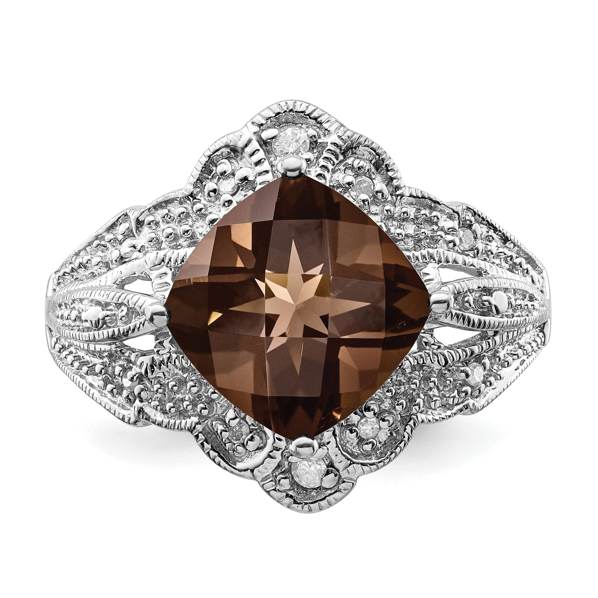 Sterling Silver Rhodium Checker-Cut Smoky Quartz & Diam. Ring