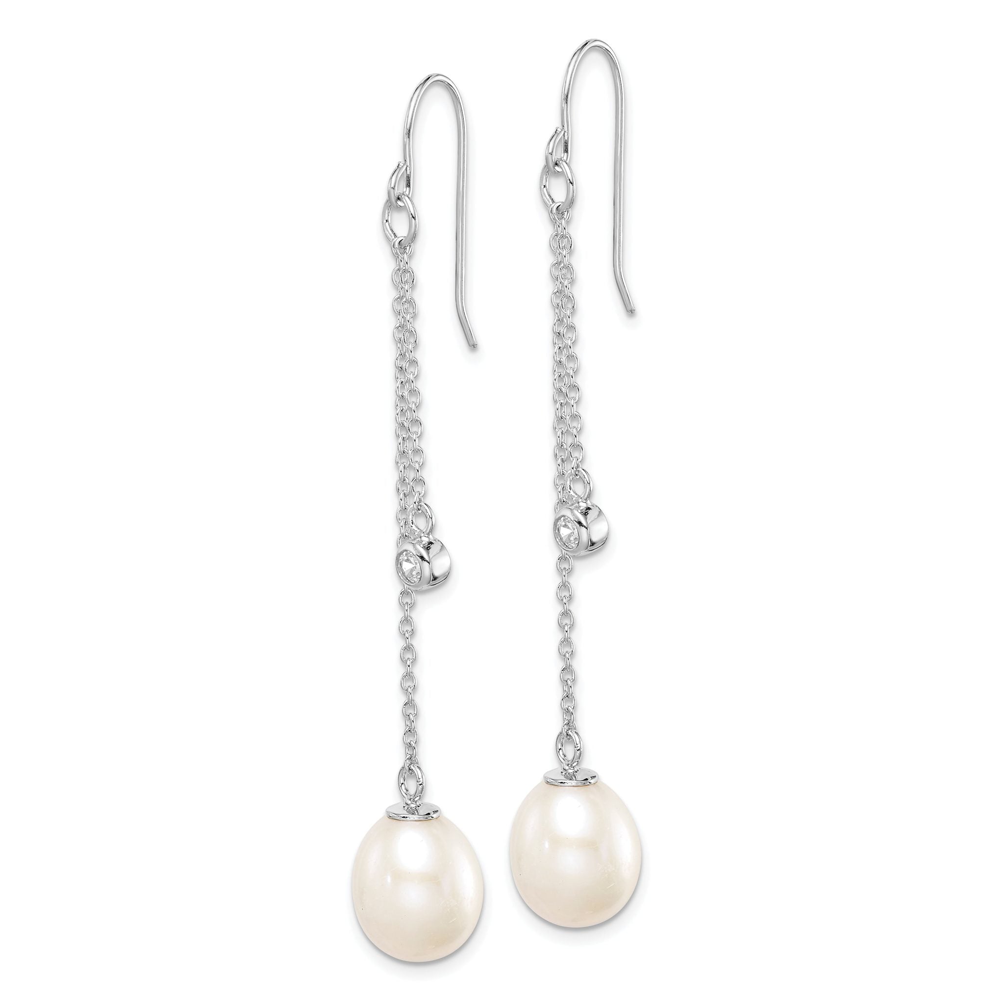 Sterling Silver Rhodium-plated 9-10mm White Teardrop Freshwater Cultured Pearl and CZ Dangle Earrings Secondary image