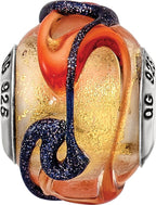 Sterling Silver 925 Polished Glass Bead with Vibrant Yellow Blue/Orange Lines