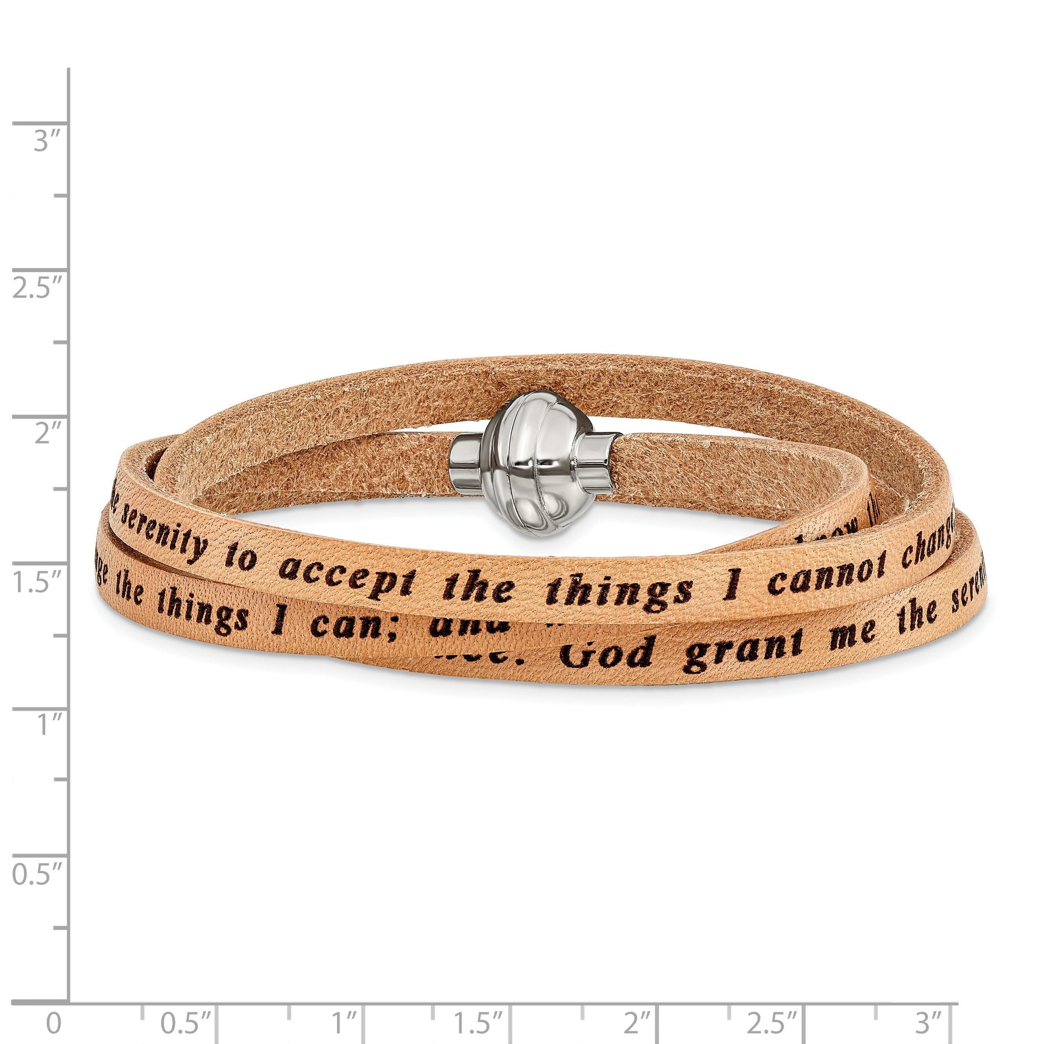 AMEN Stainless Steel Serenity Prayer Tan Leather Wrap with Magnetic Clasp 21 Inch Bracelet