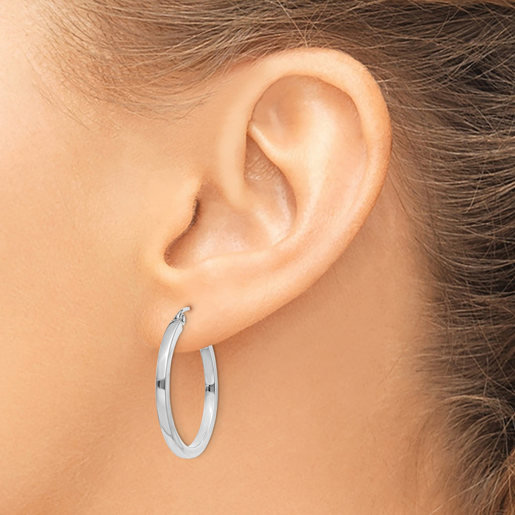 14k White Gold Square Tube Hoop Earrings with Polished Rhodium Finish