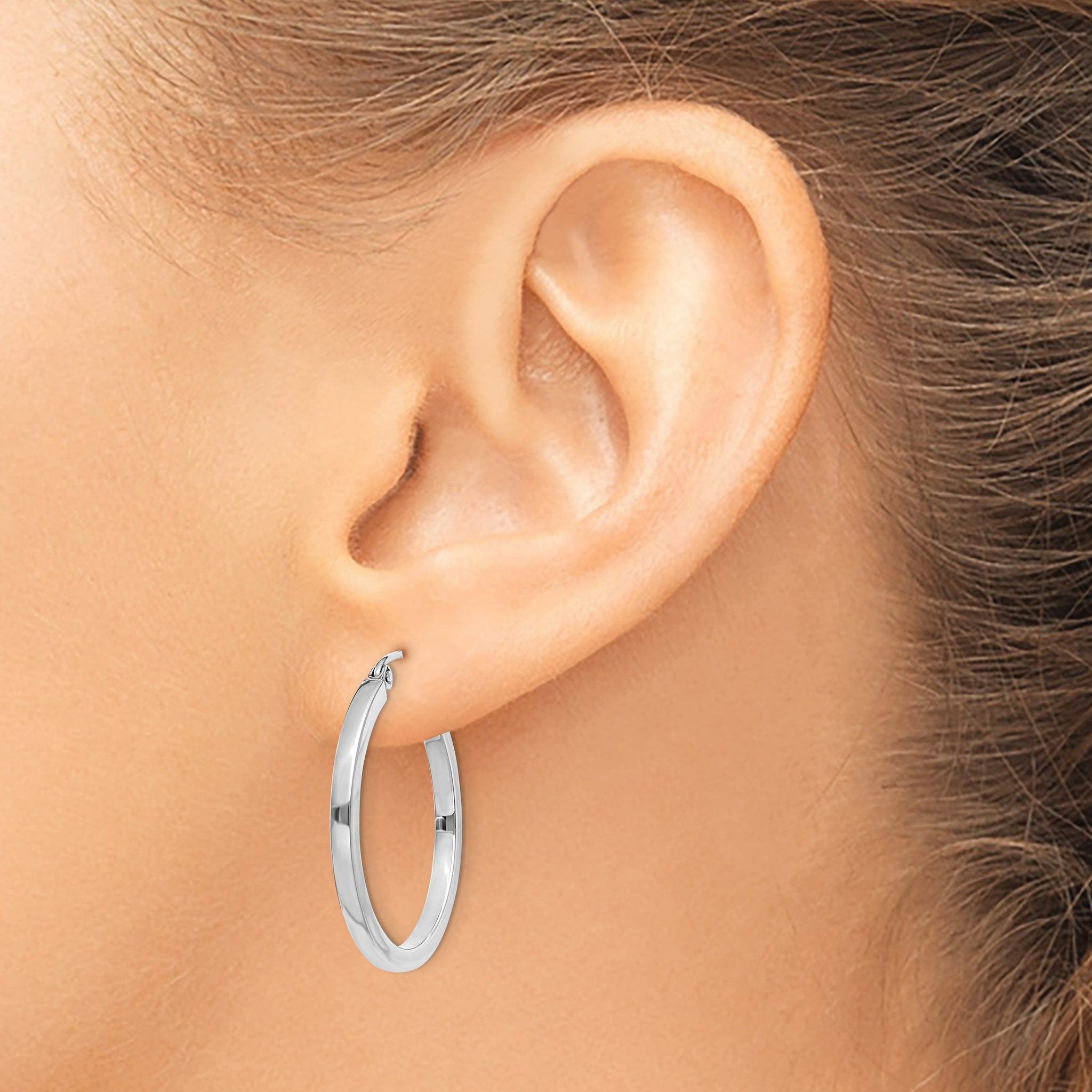 14k White Gold Square Tube Hoop Earrings with Polished Rhodium Finish