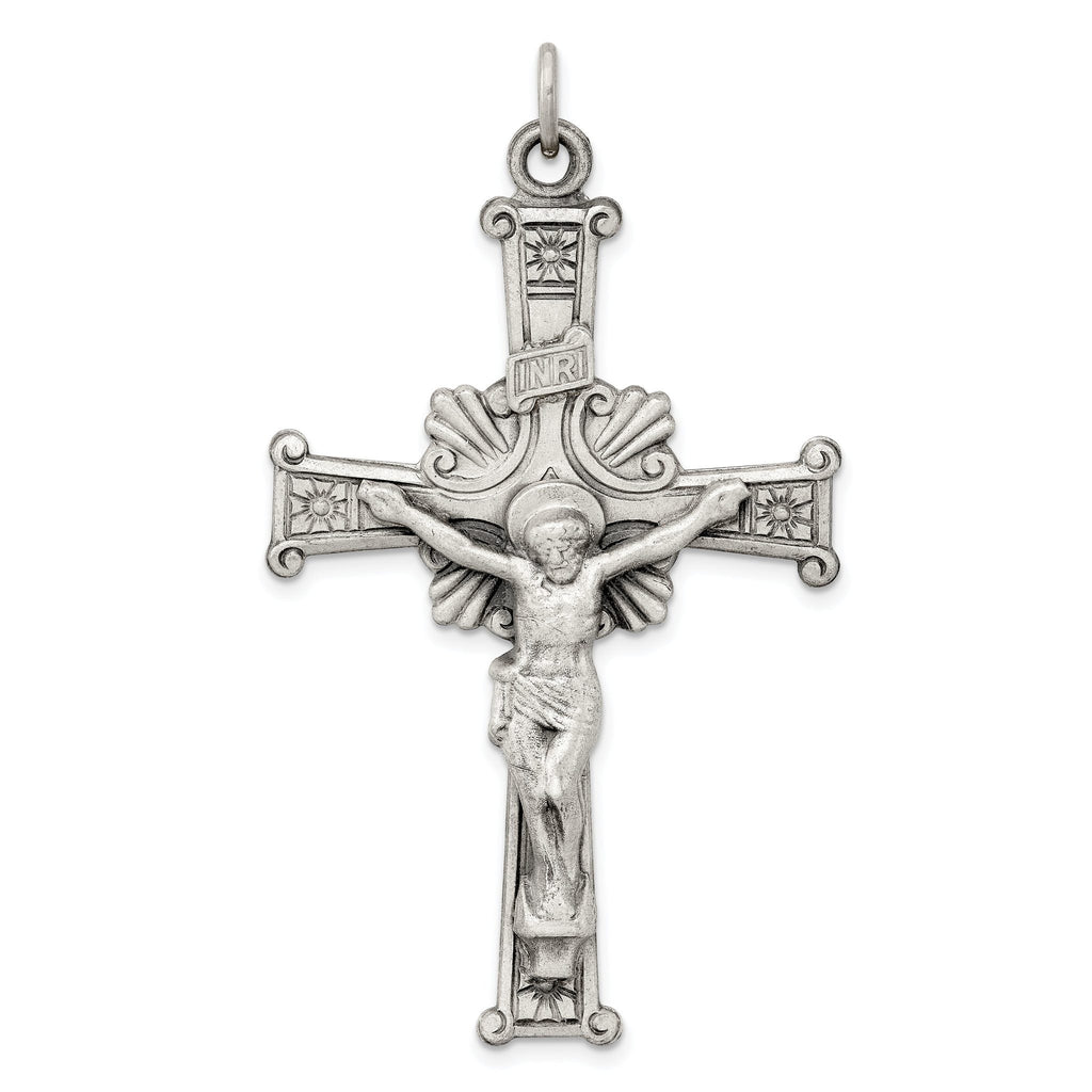 Sterling Silver 925 INRI Crucifix Pendant with Antiqued Polished Finish