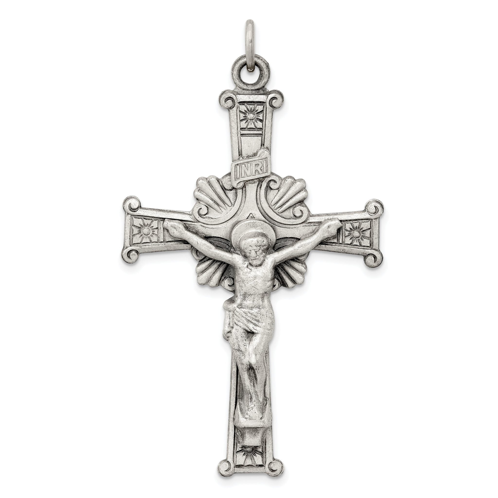 Sterling Silver 925 INRI Crucifix Pendant with Antiqued Polished Finish