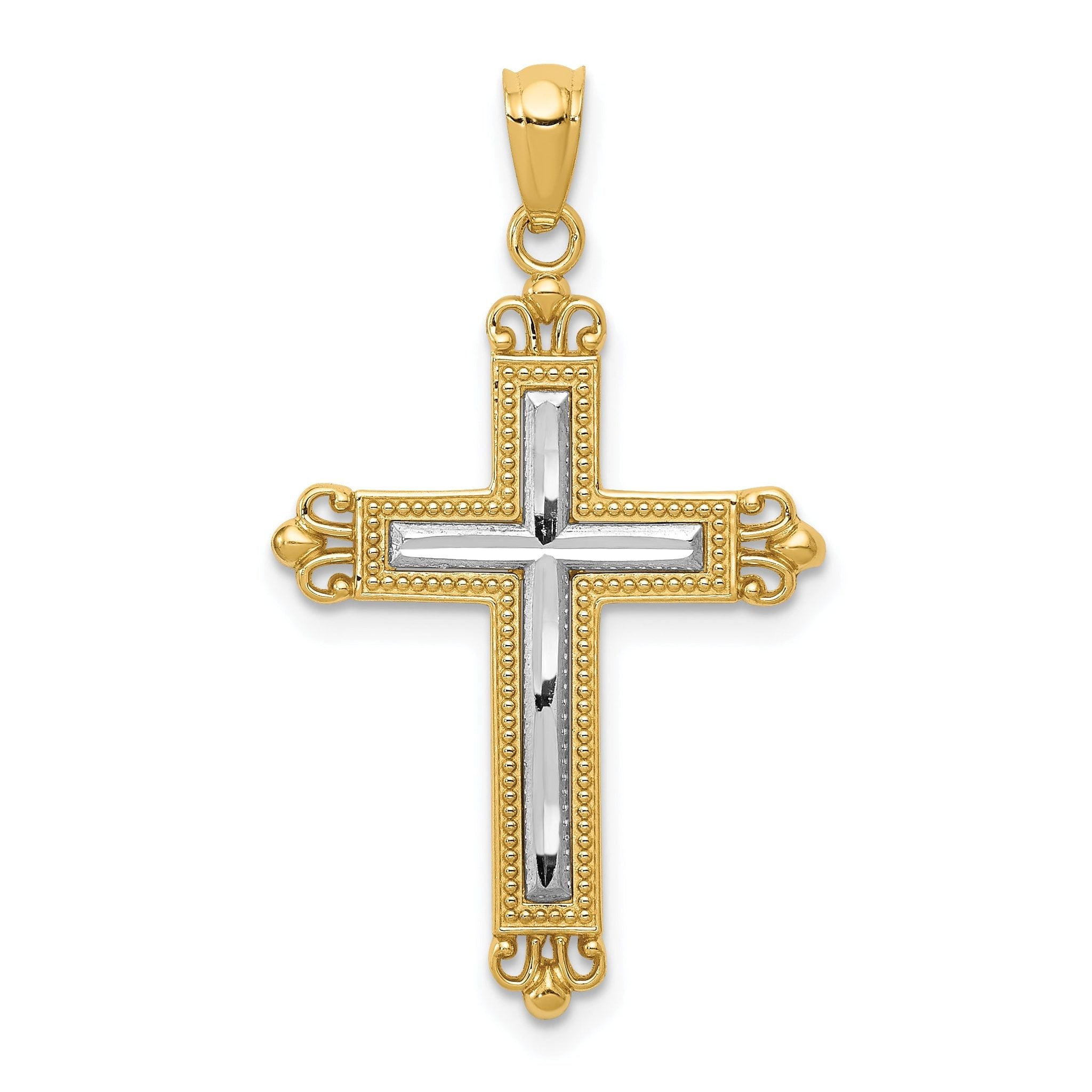 14K Gold and Rhodium Diamond-Cut Cross Pendant  Elegant Solid Design Main image