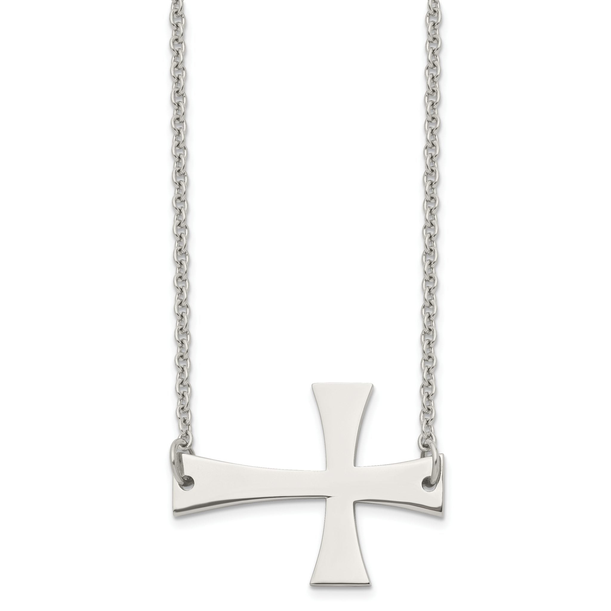 Stainless Steel Unisex Necklace with Polished Sideways Cross Pendant