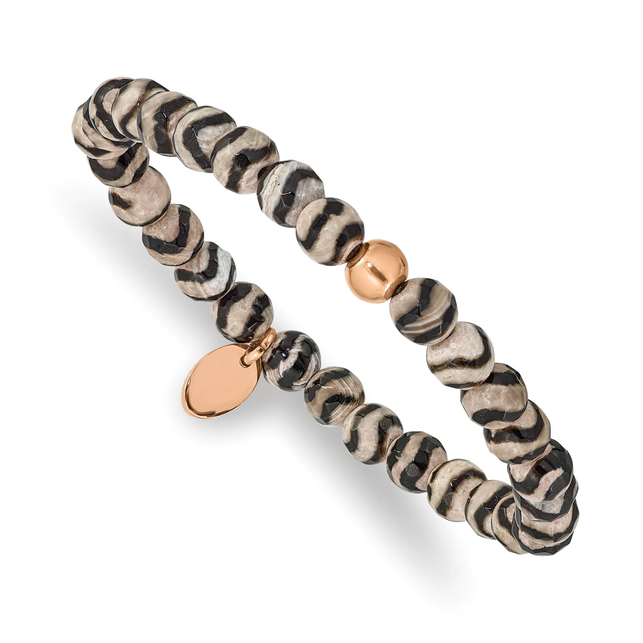 Stainless Steel Polished Rose IP-plated 6mm Black and White Striped Agate Beaded Stretch Bracelet for Women