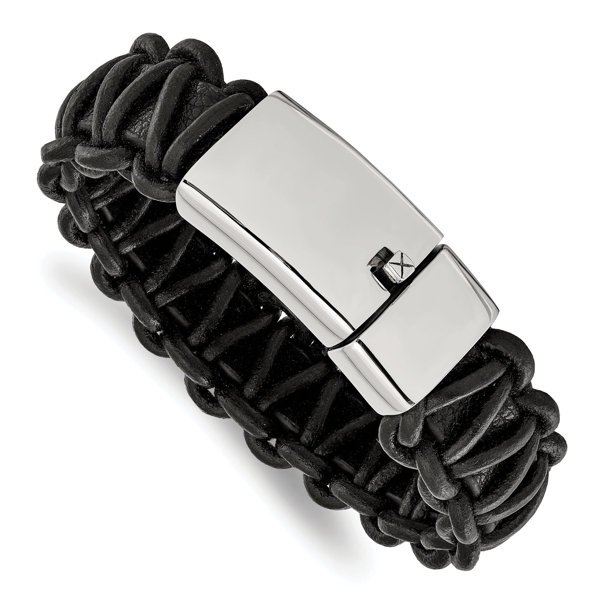 Stainless Steel Polished Rounded Braided Black Leather Bracelet for Men
