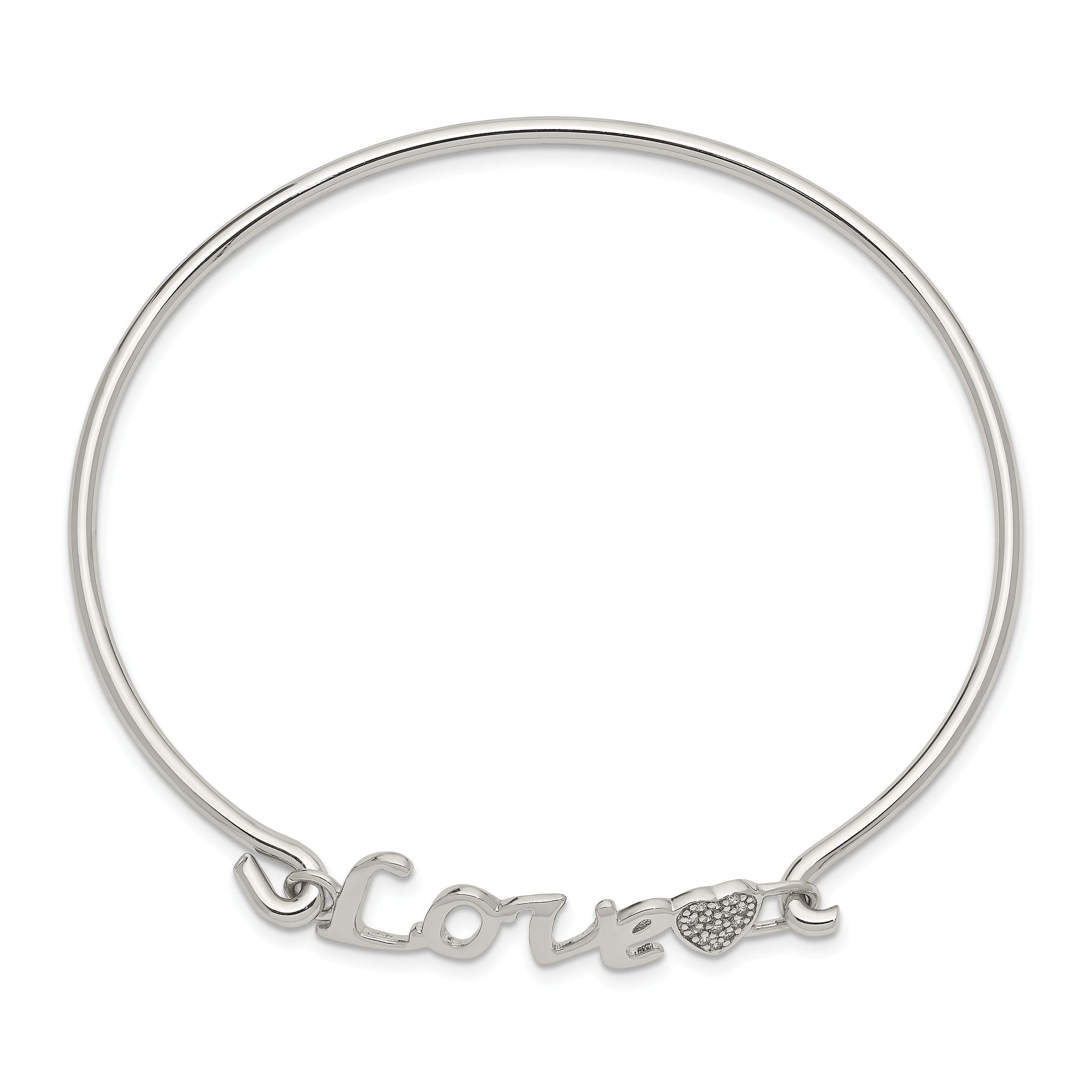 Sterling Silver LOVE Bangle with CZ Heart Rhodium-Plated Polished Finish