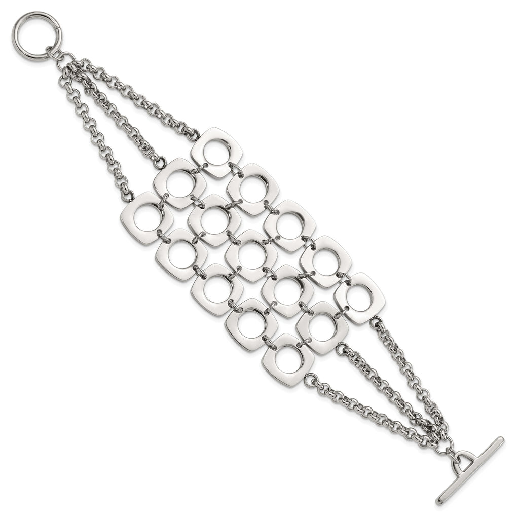 Stainless Steel Polished Fancy Three Strand Square Toggle Bracelet for Women