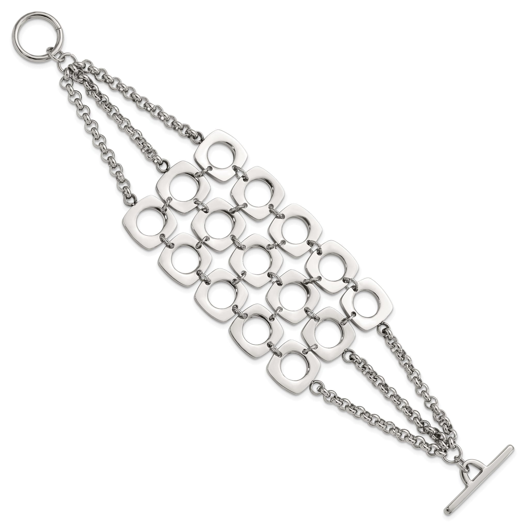 Stainless Steel Polished Fancy Three Strand Square Toggle Bracelet for Women