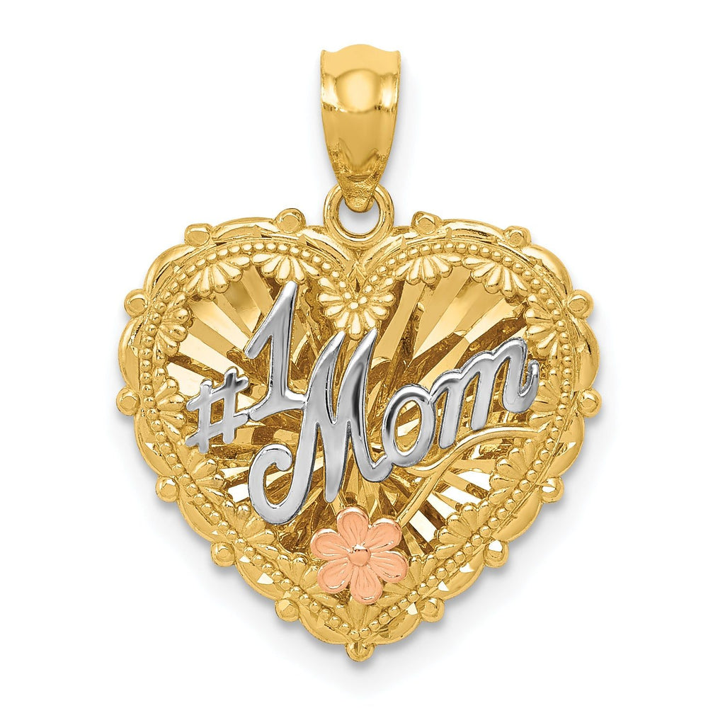 14K Tri-Color Gold #1 MOM Polished Shadowbox Pendant Elegant & Reversible